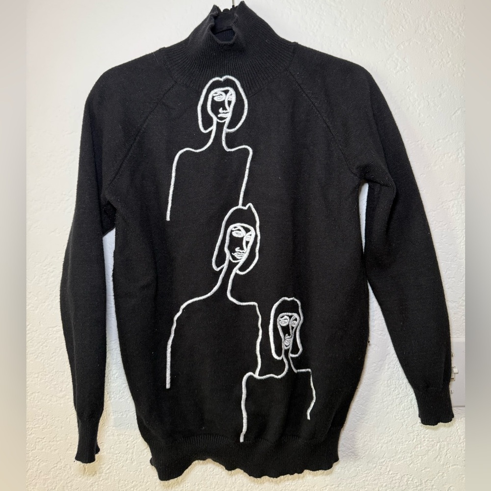 Unique Embroidered Graphic Black Turtle Neck Sweater
